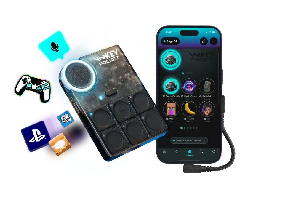 Voicemod Key Pocket connecting to a smartphone for real-time voice changing and soundboard on PlayStation