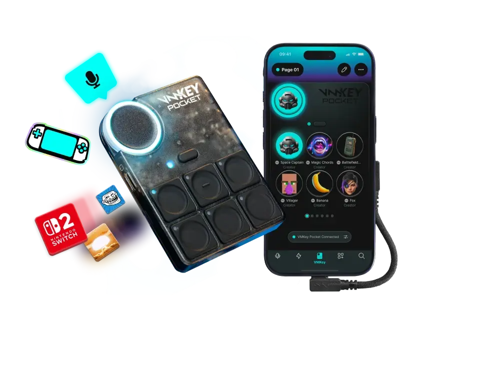 Voicemod Key Pocket connecting to a smartphone for real-time voice changing and soundboard on Nintendo Switch