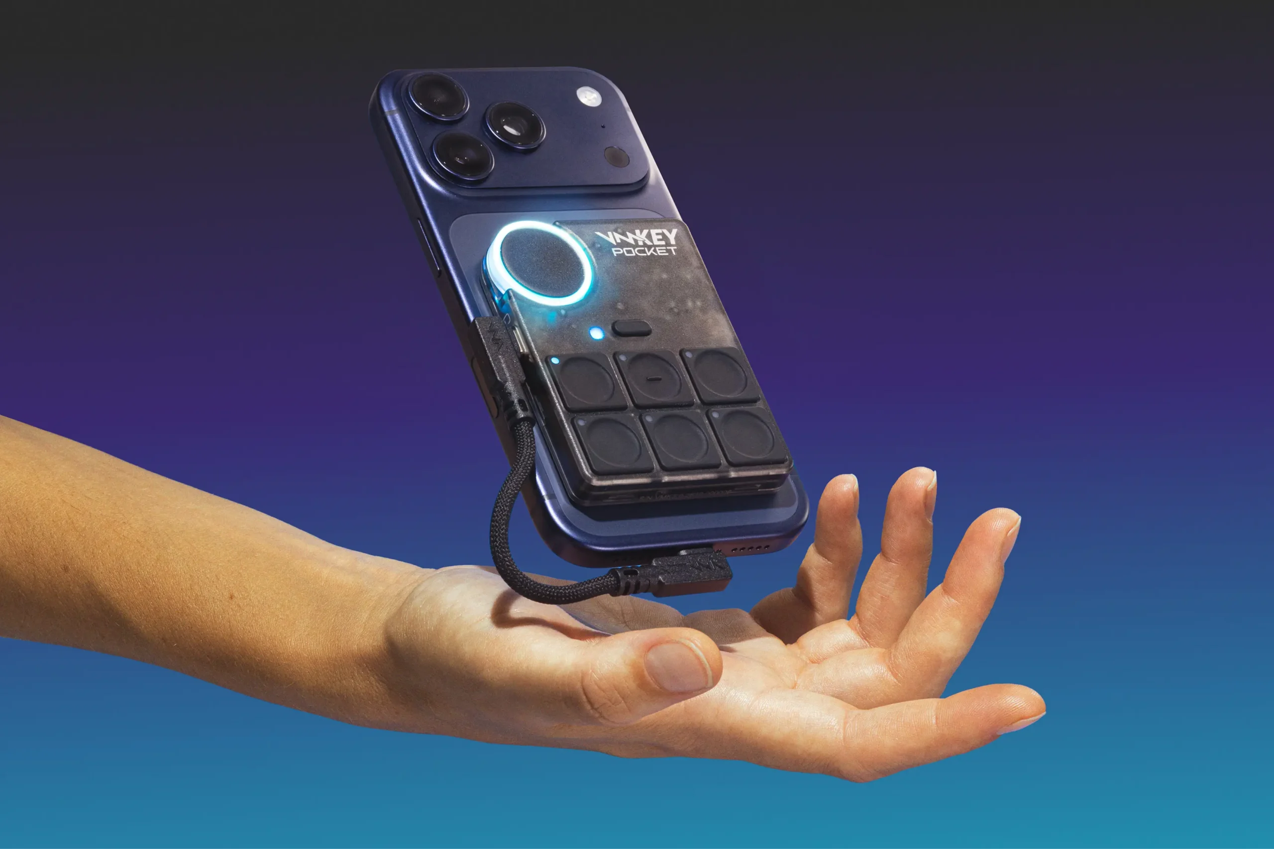 VMKey Pocket connected to a phone: voice changer and soundboard for mobile and console